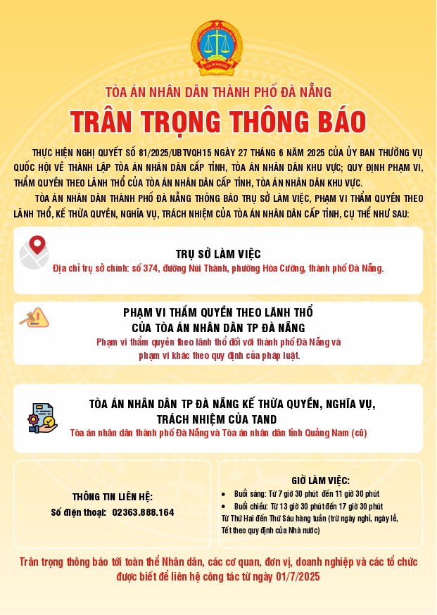 Địa chỉ trụ sở 12 Toà án nhân dân khu vực tại thành phố Đà Nẵng từ 01/7/2025