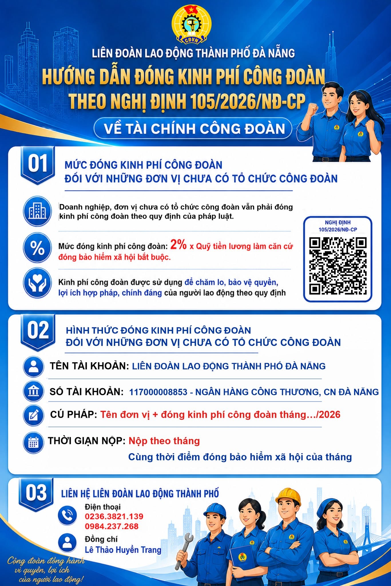 Hướng dẫn đóng kinh phí Công đoàn đối với tổ chức chưa có TCCĐ tại Đà Nẵng 2026